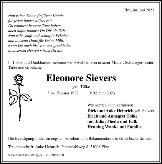 Traueranzeige von Eleonore Sievers von Hildesheimer Allgemeine Zeitung