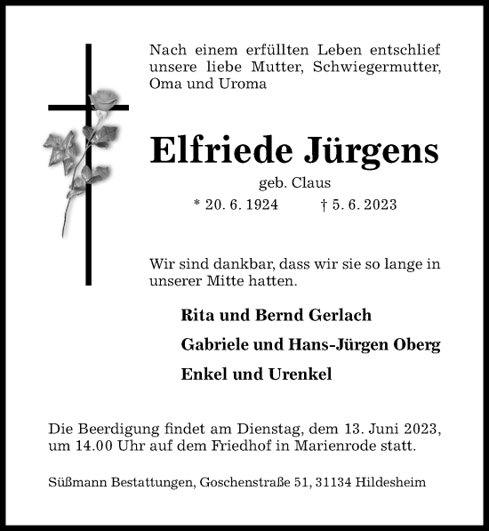 Traueranzeige von Elfriede Jürgens von Hildesheimer Allgemeine Zeitung