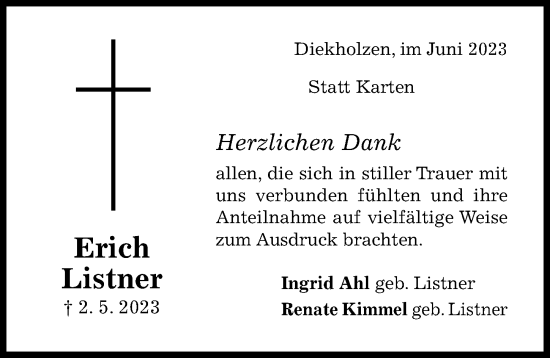 Traueranzeige von Erich Listner von Hildesheimer Allgemeine Zeitung