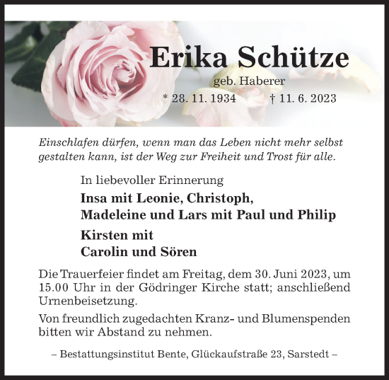 Traueranzeige von Erika Schütze von Hildesheimer Allgemeine Zeitung