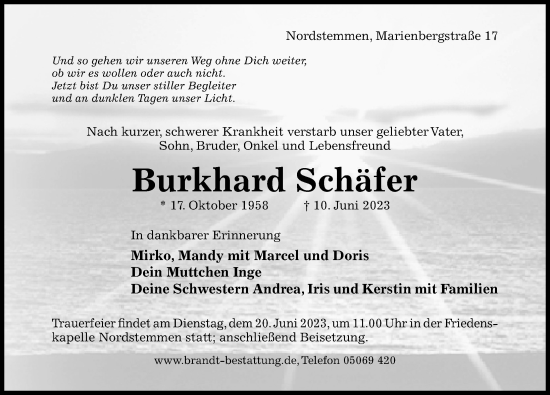 Traueranzeige von Burkhard Schäfer 