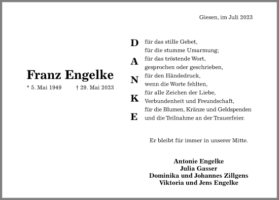 Traueranzeige von Franz Engelke von Hildesheimer Allgemeine Zeitung