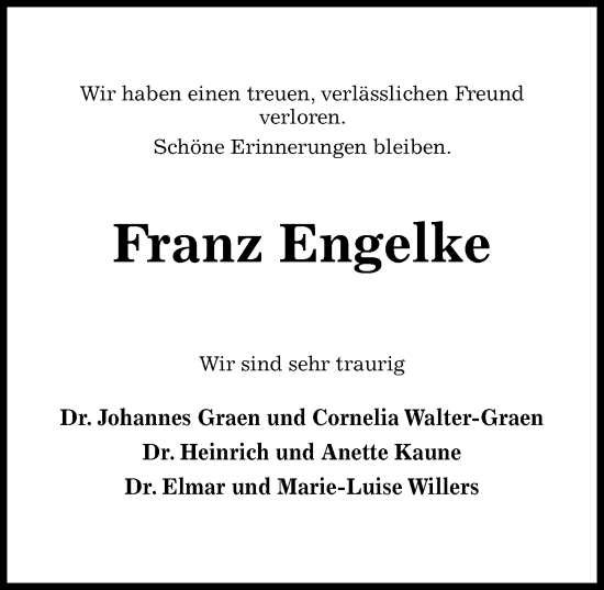 Traueranzeige von Franz Engelke von Hildesheimer Allgemeine Zeitung