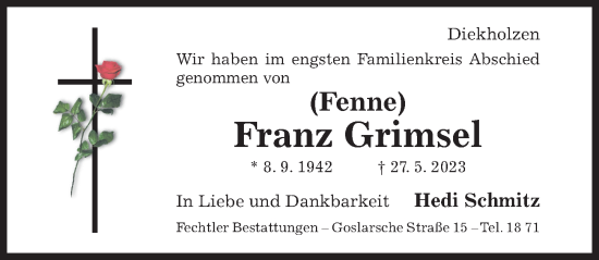 Traueranzeige von Franz Grimsel von Hildesheimer Allgemeine Zeitung