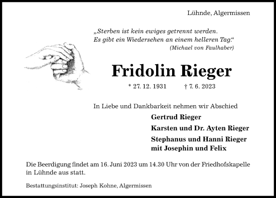 Traueranzeige von Fridolin Rieger von Hildesheimer Allgemeine Zeitung