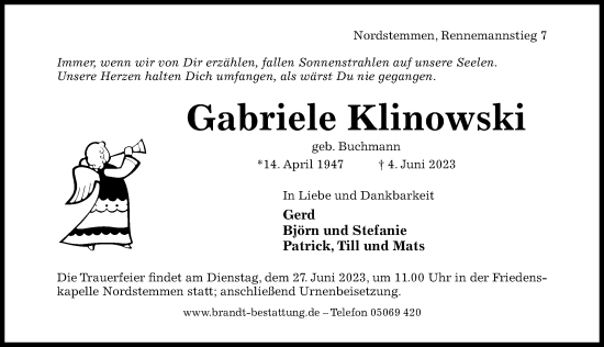 Traueranzeige von Gabriele Klinowski von Hildesheimer Allgemeine Zeitung