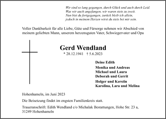 Traueranzeige von Gerd Wendland von Hildesheimer Allgemeine Zeitung