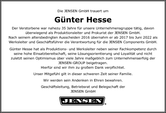 Traueranzeige von Günter Hesse von Hildesheimer Allgemeine Zeitung