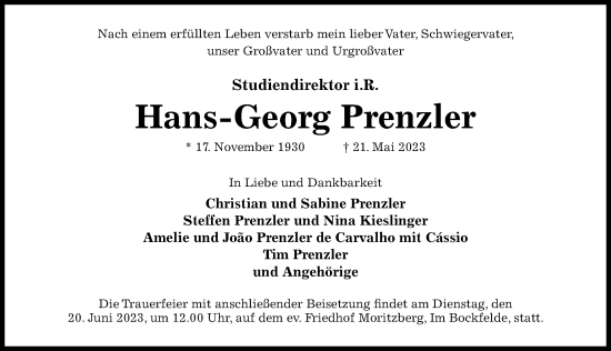 Traueranzeige von Hans-Georg Prenzler von Hildesheimer Allgemeine Zeitung