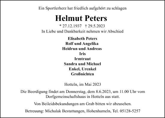 Traueranzeige von Helmut Peters von Hildesheimer Allgemeine Zeitung