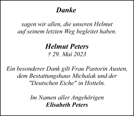 Traueranzeige von Helmut Peters von Hildesheimer Allgemeine Zeitung