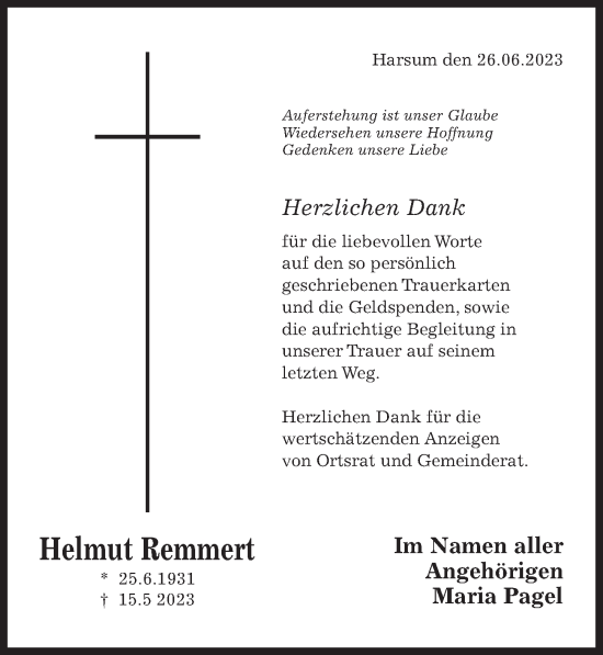 Traueranzeige von Helmut Remmert von Hildesheimer Allgemeine Zeitung