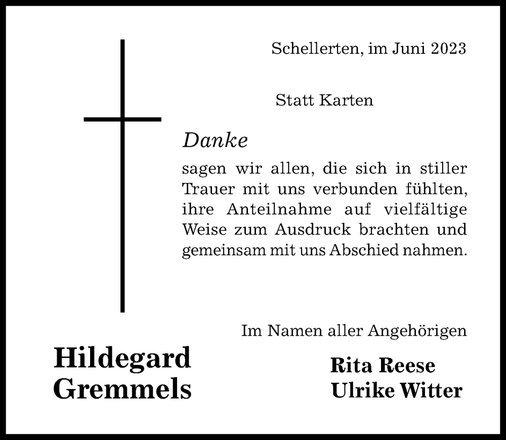  Traueranzeige für Hildegard Gremmels vom 14.06.2023 aus Hildesheimer Allgemeine Zeitung
