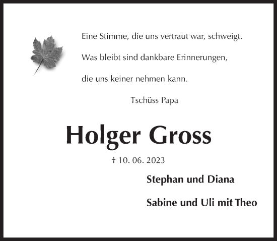 Traueranzeige von Holger Gross von Hildesheimer Allgemeine Zeitung