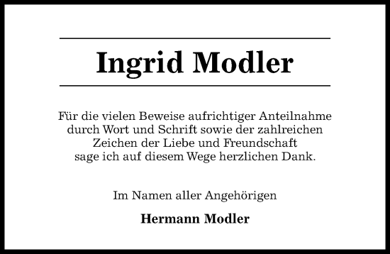 Traueranzeige von Ingrid Modler von Hildesheimer Allgemeine Zeitung