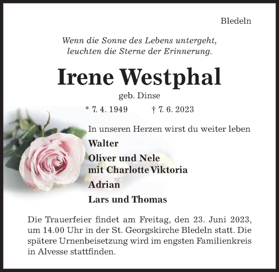 Traueranzeige von Irene Westphal von Hildesheimer Allgemeine Zeitung