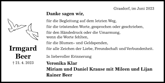 Traueranzeige von Irmgard Beer von Hildesheimer Allgemeine Zeitung