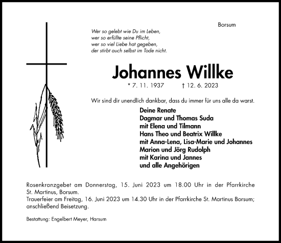 Traueranzeige von Johannes Willke von Hildesheimer Allgemeine Zeitung