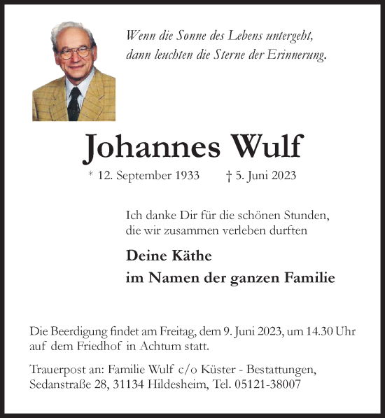 Traueranzeige von Johannes Wulf von Hildesheimer Allgemeine Zeitung