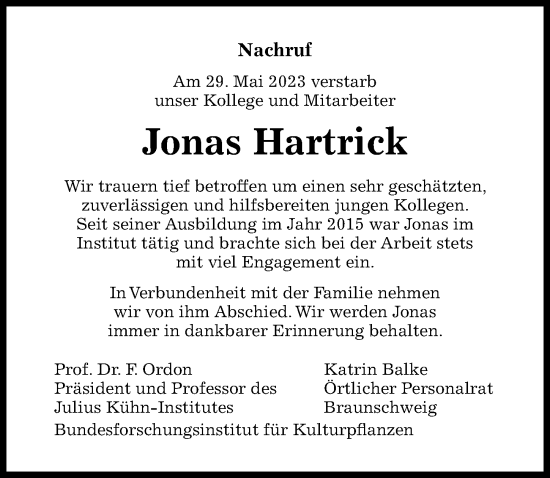 Traueranzeige von Jonas Hartrick von Hildesheimer Allgemeine Zeitung