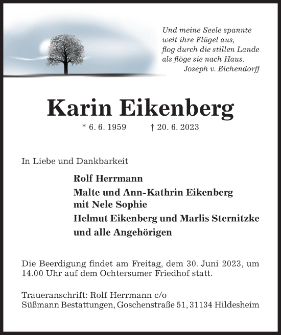 Traueranzeige von Karin Eikenberg von Hildesheimer Allgemeine Zeitung