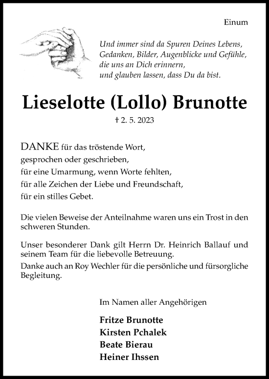 Traueranzeige von Lieselotte Brunotte von Hildesheimer Allgemeine Zeitung