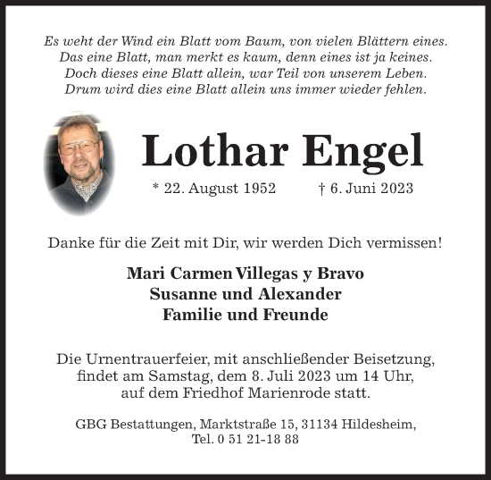 Traueranzeige von Lothar Engel von Hildesheimer Allgemeine Zeitung