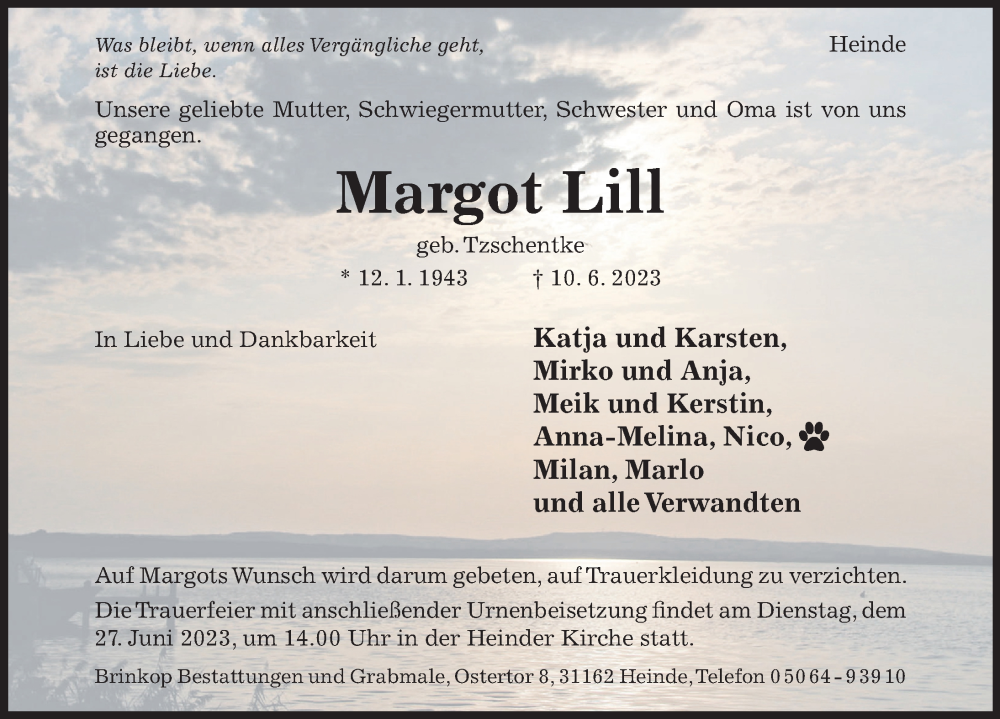  Traueranzeige für Margot Lill vom 21.06.2023 aus Hildesheimer Allgemeine Zeitung