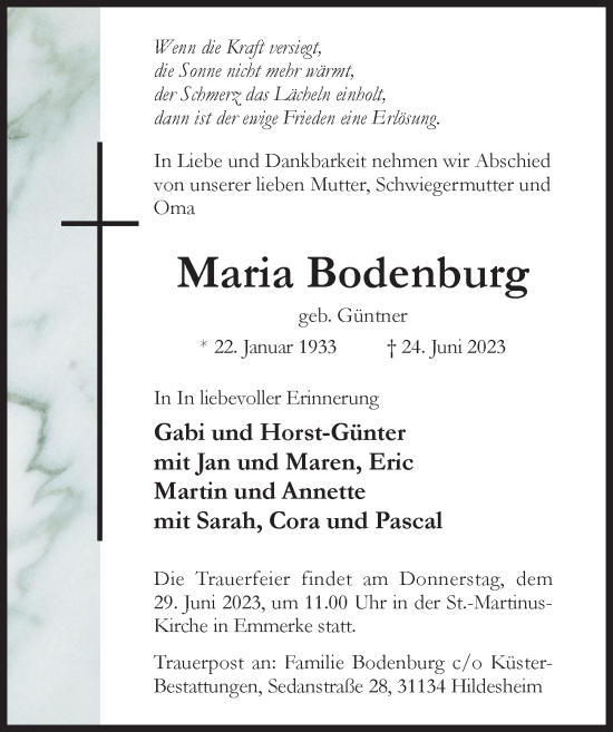 Traueranzeige von Maria Bodenburg von Hildesheimer Allgemeine Zeitung