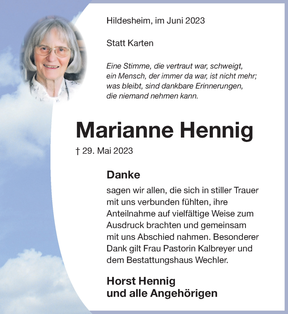 Traueranzeigen von Marianne Hennig | Trauerportal Hildesheimer ...