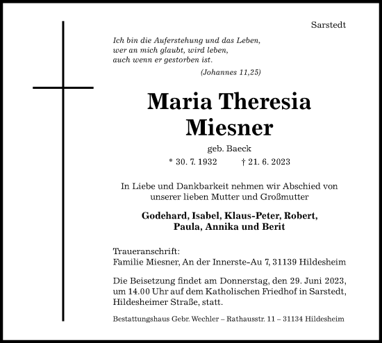 Traueranzeigen Von Maria Theresia Miesner Trauerportal Hildesheimer