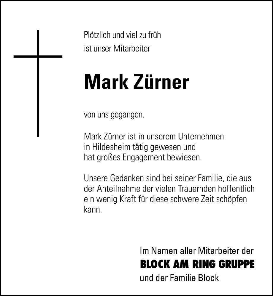  Traueranzeige für Mark Zürner vom 14.06.2023 aus Hildesheimer Allgemeine Zeitung
