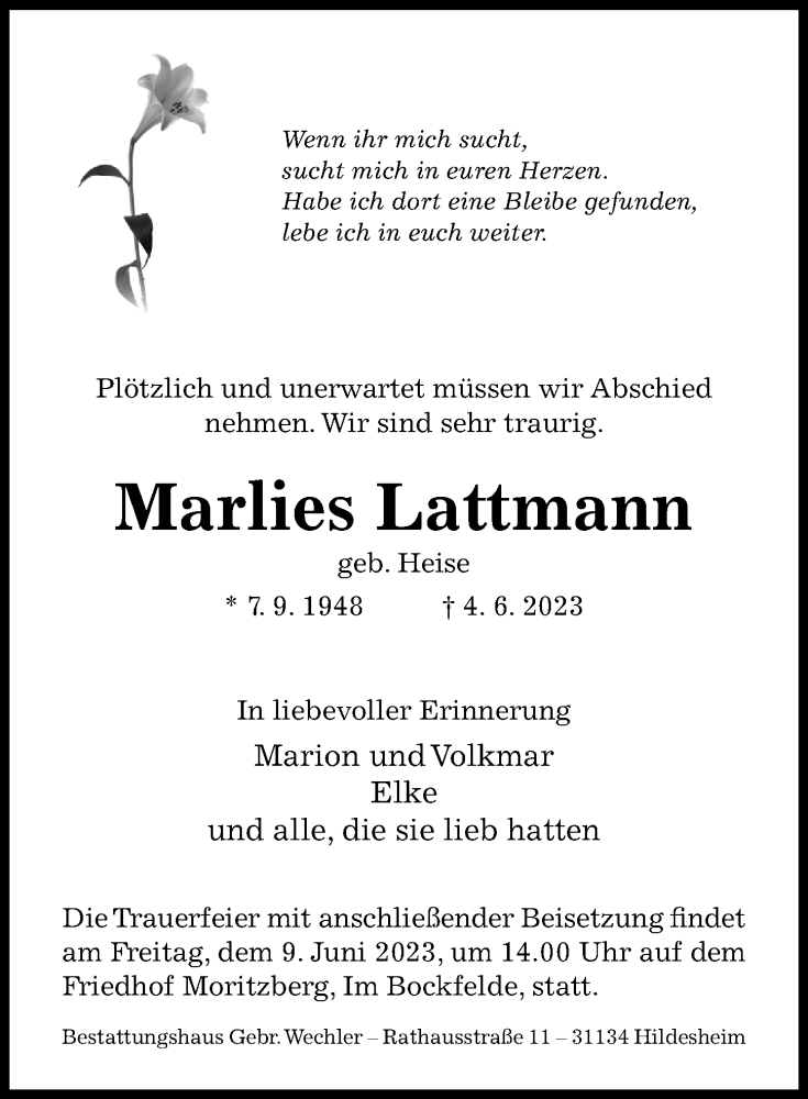  Traueranzeige für Marlies Lattmann vom 07.06.2023 aus Hildesheimer Allgemeine Zeitung