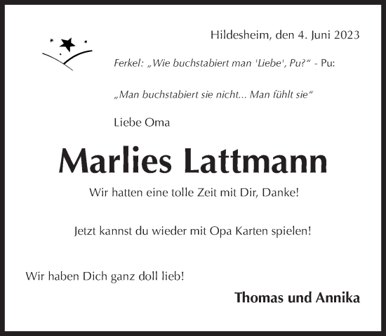 Traueranzeige von Marlies Lattmann von Hildesheimer Allgemeine Zeitung