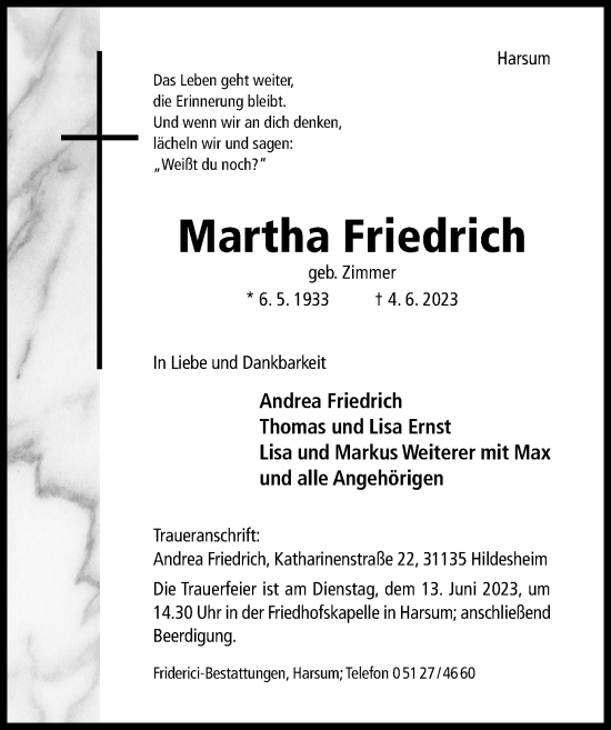 Traueranzeige von Martha Friedrich von Hildesheimer Allgemeine Zeitung