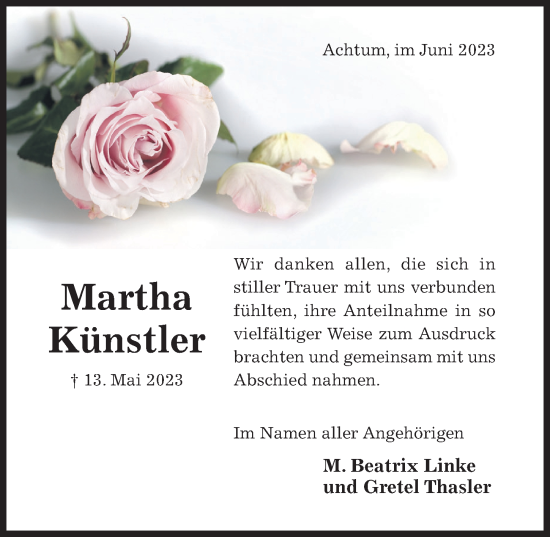 Traueranzeige von Martha Künstler von Hildesheimer Allgemeine Zeitung