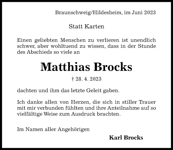 Traueranzeige von Matthias Brocks von Hildesheimer Allgemeine Zeitung