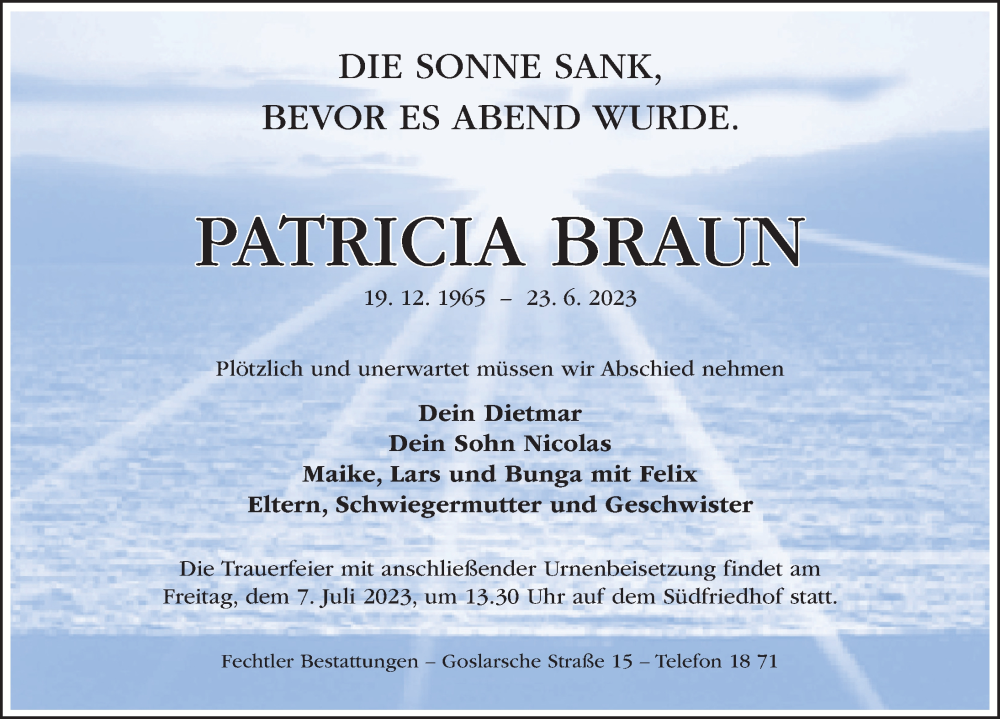  Traueranzeige für Patricia Braun vom 28.06.2023 aus Hildesheimer Allgemeine Zeitung