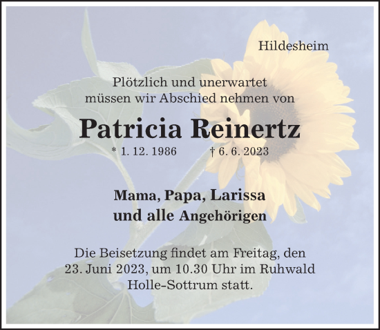 Traueranzeige von Patricia Reinertz von Hildesheimer Allgemeine Zeitung