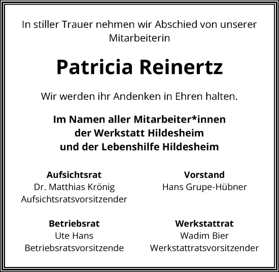 Traueranzeige von Patricia Reinertz von Hildesheimer Allgemeine Zeitung