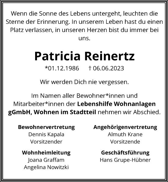 Traueranzeige von Patricia Reinertz von Hildesheimer Allgemeine Zeitung