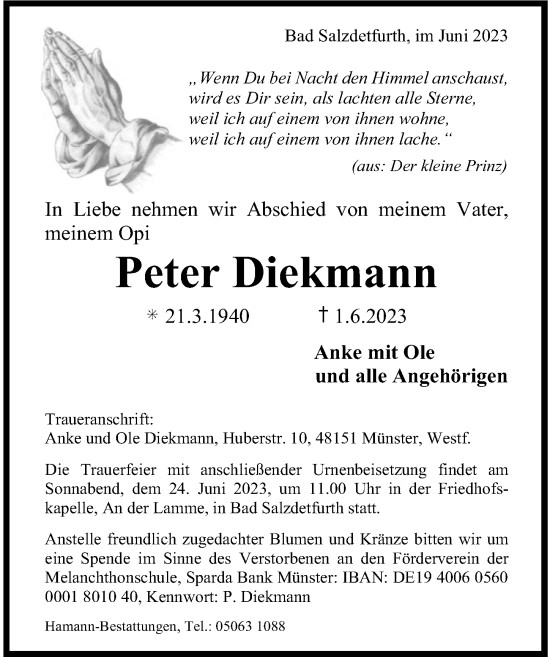 Traueranzeige von Peter Diekmann von Hildesheimer Allgemeine Zeitung