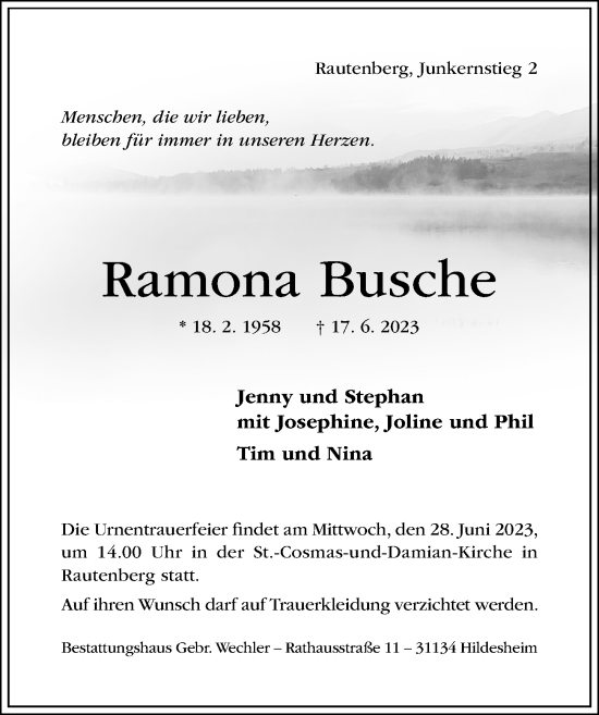 Traueranzeige von Ramona Busche von Hildesheimer Allgemeine Zeitung