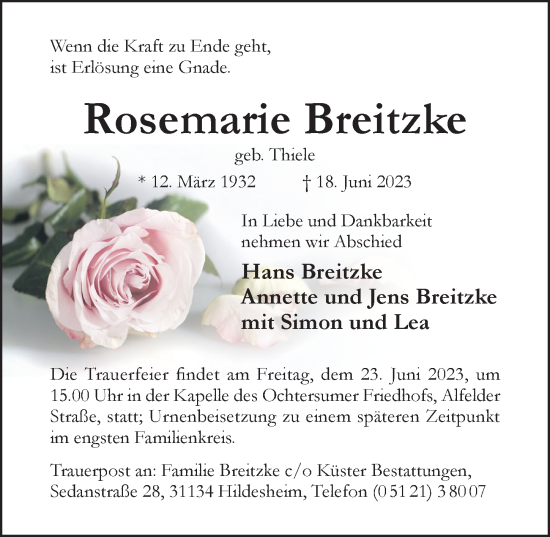 Traueranzeige von Rosemarie Breitzke von Hildesheimer Allgemeine Zeitung