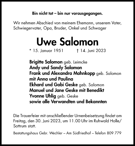 Traueranzeige von Uwe Salomon von Hildesheimer Allgemeine Zeitung