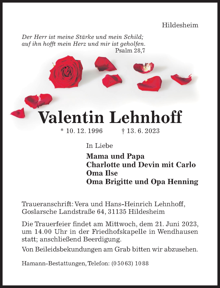  Traueranzeige für Valentin Lehnhoff vom 17.06.2023 aus Hildesheimer Allgemeine Zeitung