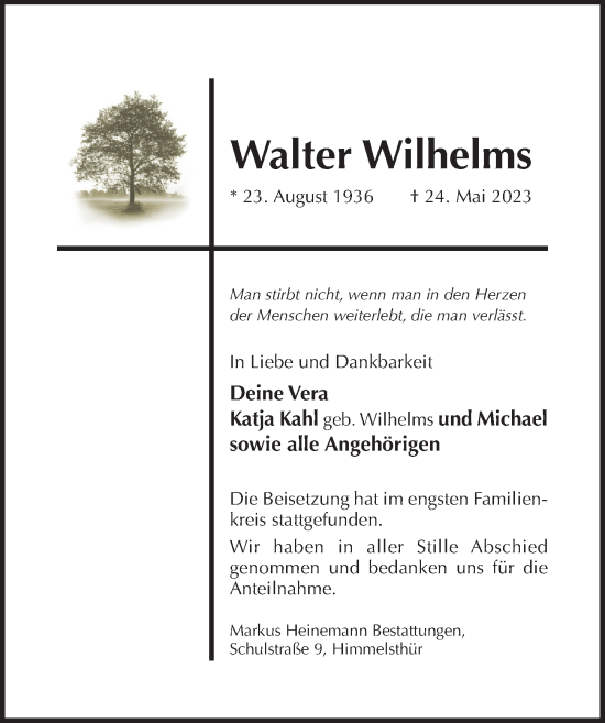 Traueranzeige von Walter Wilhelms von Hildesheimer Allgemeine Zeitung