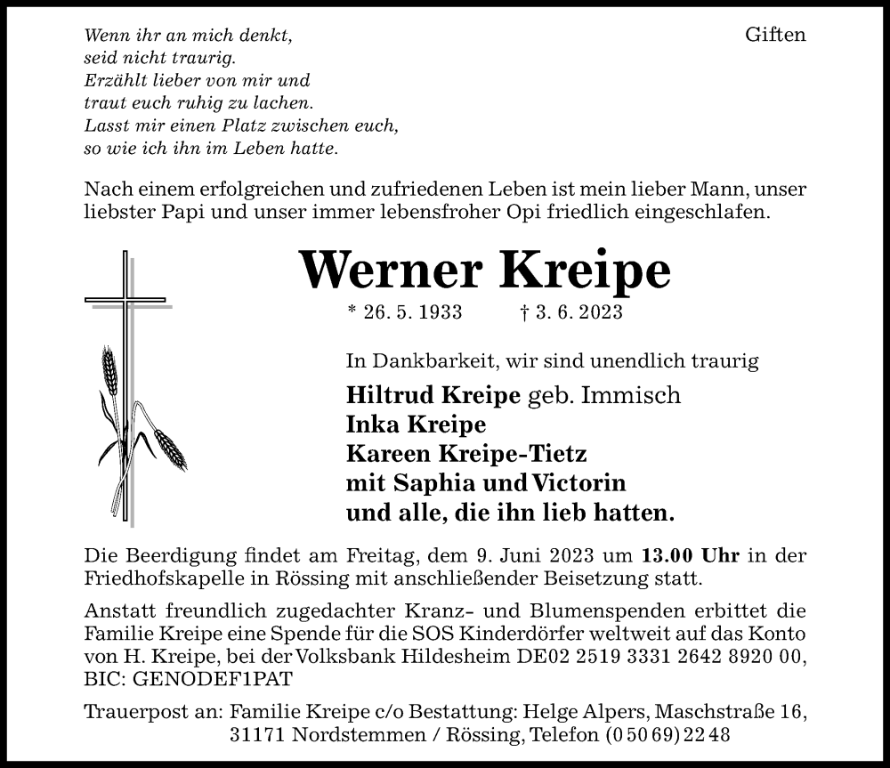  Traueranzeige für Werner Kreipe vom 07.06.2023 aus Hildesheimer Allgemeine Zeitung