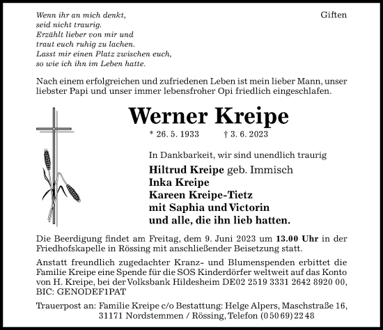 Traueranzeige von Werner Kreipe von Hildesheimer Allgemeine Zeitung