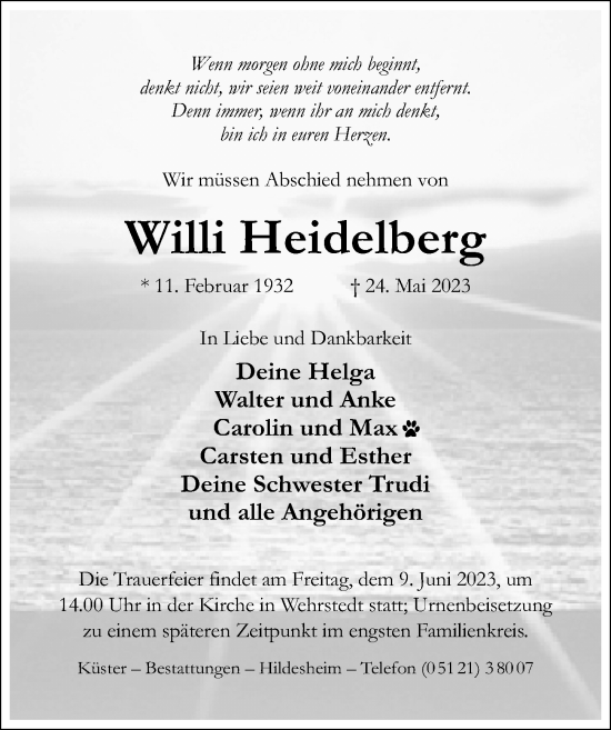 Traueranzeige von Willi Heidelberg von Hildesheimer Allgemeine Zeitung